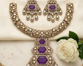 Purple Gemstone Kundan Necklace Set, Victorian CZ Bridal Jewelry, Indian Wedding Statement Piece