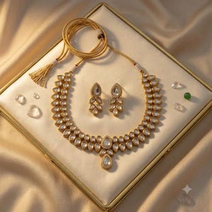 Handmade Kundan Polki Necklace Set, Gold-Plated Sabyasachi-Inspired Indian Bridal Jewelry