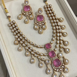 Conjunto de collar Kundan de zafiro rosa real, gargantilla Polki de moissanita multicapa, joyería nupcial india