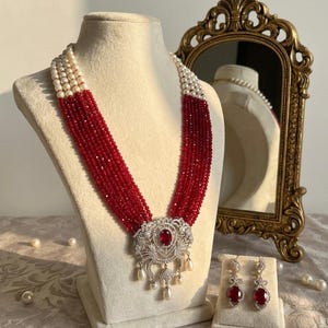 Collar con cuentas de color rojo rubí y pendientes, collar llamativo de múltiples hilos, collar nupcial victoriano de circonitas cúbicas, joyería de boda, regalo para ella,