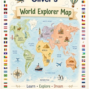 Könnte beinhalten: Ein farbenfrohes Weltkarten-Poster mit dem Titel Oliver's World Explorer Map und dem Text Learn Explore Dream. Die Karte zeigt Kontinente, Ozeane, Wahrzeichen, Tiere, einen Doppeldecker, einen Heißluftballon, ein Schiff, ein Flugzeug und Flaggen.