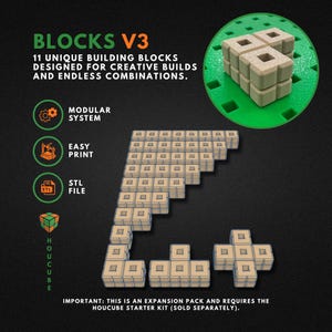 May include: Blocks V3 set featuring 11 beige modular building blocks with square center holes. The image displays text including "Blocks V3," "11 unique building blocks designed for creative builds and endless combinations," and "Important: this is an expansion pack and requires the Houcube starter kit (sold separately)."