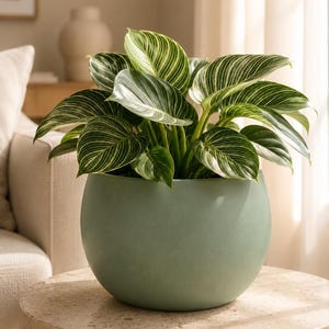 May include: A Philodendron Birkin plant with dark green, heart-shaped leaves featuring distinct white pinstriped variegation, potted in a smooth, matte, sage green spherical planter that has a rounded base and a wide, open top opening.