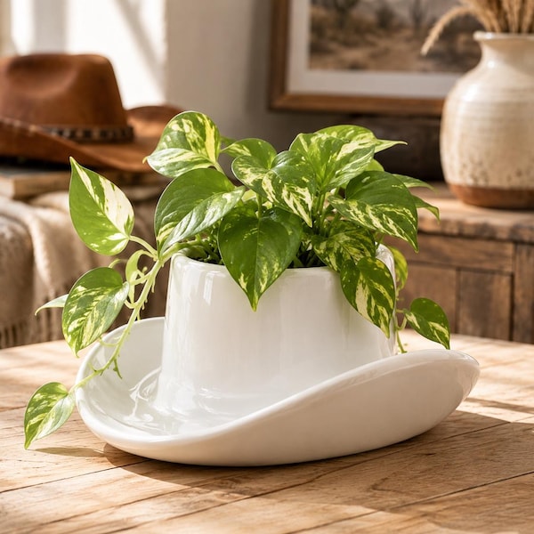 Cowboy Hat Ceramic Planter, Western Home Decor, Cowgirl Gift, Indoor Plant Pot, Rustic Ranch Decor