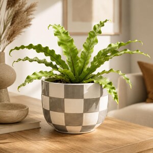 Grey Checkerboard Ceramic Planter, Modern Indoor Plant Pot, Scandinavian Home Decor, Small Plant Lover Gift