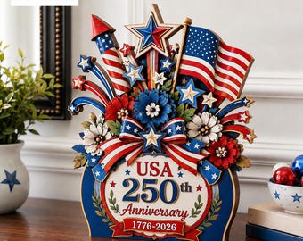 Personalisierte 2D Wohnung Americana 250 Holz Herzstück, Holz Standing Schild, Vaterländische Blumen, 4. Juli Dekor, USA Home Decor Geschenk