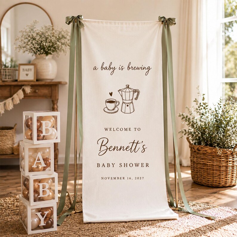 Personalized Baby Shower Banner, A Baby is Brewing Coffee Welcome Sign ...