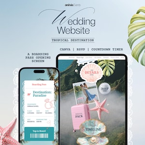 Digitale instapkaart voor een trouwuitnodiging met RSVP-tracking | Tropische bestemming | Aftellen (Canva-sjabloon)