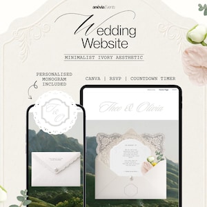 Plantilla minimalista para sitio web de bodas de estilo clásico con seguimiento de confirmaciones de asistencia / Sobre de encaje y nombres en relieve / Plantilla editable en Canva / Descarga instantánea