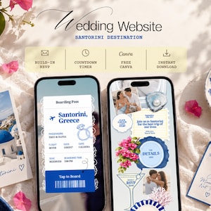 Santorini Destination Wedding Website Template with RSVP Tracking | Digital Boarding Pass Opening | Editable Canva | Instant Download