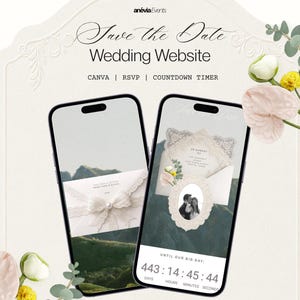 Sitio web minimalista de "Reserva la fecha" para bodas con seguimiento de confirmación de asistencia / Nombres y monogramas en relieve / Plantilla editable en Canva / Descarga instantánea