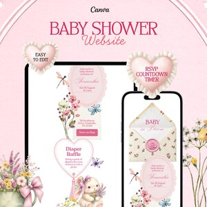 Baby in Bloom Baby Shower Website Template with RSVP & Editable Countdown, Pink Wildflower Garden Theme, Editable Canva, Animated Invitation