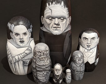 Juego de muñecas rusas de 7 piezas, pintadas a mano y personalizadas de monstruos de películas clásicas / HECHO A PEDIDO / Múltiples tamaños disponibles