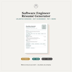 Può includere: Un modello di generatore di curriculum per ingegnere del software con il testo 'Software Engineer Résumé Generator', 'UNLIMITED VERSIONS', 'EDIT IN BROWSER', 'PDF + WORD', 'ATS-FRIENDLY', 'INSTANT DOWNLOAD' e un esempio di curriculum per Emilia Galotti.