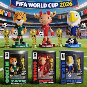 Könnte beinhalten: Drei FIFA World Cup 2026 Maskottchen-Figuren namens Zayu, Maple und Clutch, jeweils mit einem goldenen Pokal auf einem Sockel. Darunter befinden sich drei verpackte Versionen mit den Aufschriften Mexico, Canada und USA mit den Figuren.