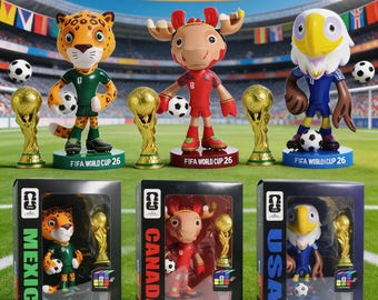 2026 FIFA World Cup-mascottetriobeeldjes, esdoorn Zayu-koppeling met minitrofeeën, voetbalfan verzamelcadeau