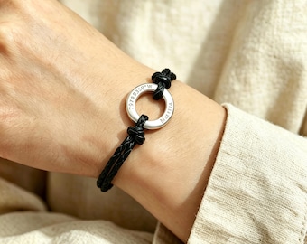 Custom Engraved Circle Couple Bracelets, Braided Rope Matching Gift