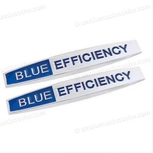 May include: Two elongated, silver-toned automotive emblems featuring a blue rectangular section on the left side. The text "BLUE EFFICIENCY" is embossed in dark blue lettering across the silver surface of each badge, oriented horizontally.