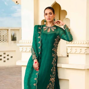 silk dress with organza dupatta Blue Satin Maxi Gown With Organza Dupatta | ADFY-DEVSMG-001