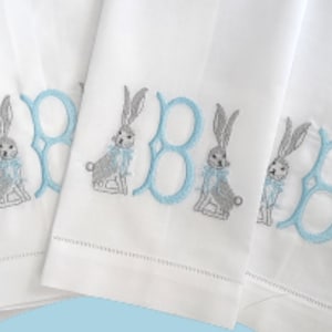 Rabbit Monogrammed Linen Guest Hand Towel or Huck Towel, Colors can be changed! Perfect Gift! FREE SHIPPING!