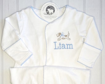 Picot Trimmed Monogrammed Baby Girl or Boy Sack Gown or Footie with Running Dog, Baby Gift, Baby Shower Gift, Customizable! FREE SHIPPING!