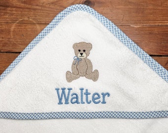 Monogrammed Hooded Towel Blue Gingham Trim with Teddy Bear New Baby Shower Gift FREE SHIPPING