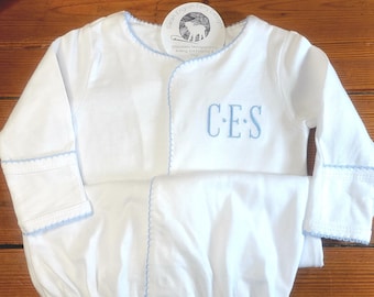 Monogrammed Baby Gown, Monogrammed Baby Footie, Coming Home from Hospital Outfit, Customized Baby Shower Gift, Picot Trimmed, Boy or Girl