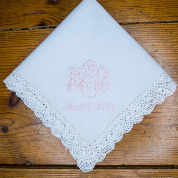 Monogrammed Cotton and Lace Ladies Handkerchief for Weddings, Birthdays, Christening or any Special Occasions, Heirloom Hanky, Customizable