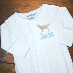 Embroidered Dog Picot Trimmed Monogrammed Baby Girl or Boy Sack Gown Baby Gift, Baby Shower Gift, Customizable! FREE SHIPPING!