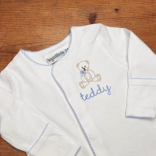 Teddy Bear Monogrammed Baby Gown or Footie,  Personalized Teddy Bear Baby Sack, Baby Shower Gift, Coming Home Outfit, Custom Infant outfit