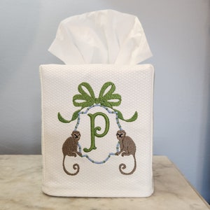 Grandmillenial Monkey Monogrammed Cotton Pique Tissue Box Cover with Bamboo and Ribbon Preppy. FREE SHIPPING!!