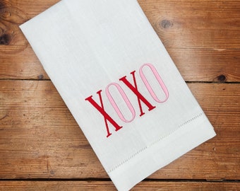 XOXO Embroidered Linen Guest Hand Towel, Floursack Kitchen, Huck or Hemstitch Huck Towel. your choice of color! FREE SHIPPING!
