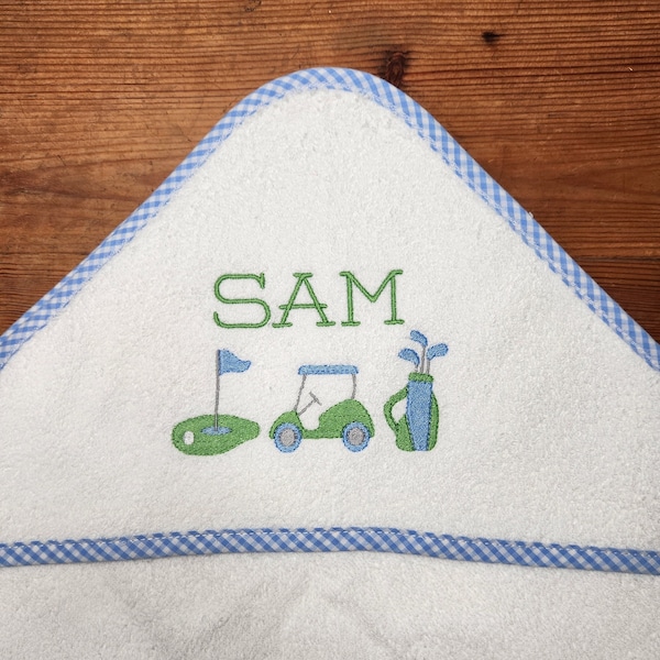 Monogrammed Baby Hooded Towel Blue  or Pink Gingham Trim with Golf Pin Golf Cart and Golf Bag with Name New Baby Shower Gift FREE SHIPPING
