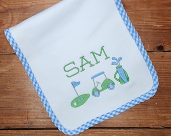 Monogrammed Golf Themed Gingham Trim Burp Cloth, Golf Set Monogram, Great baby gift for Golf lovers! Personalize Golf Theme Baby Shower Gift