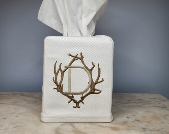 Grandmillenial Monogrammed Cotton Pique Tissue Box Cover with Antlers Preppy. FREE SHIPPING!!