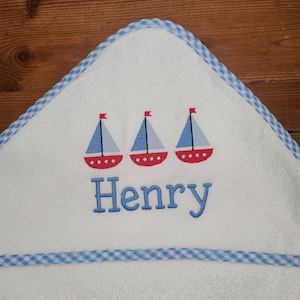 Monogrammed Hooded Towel Blue Gingham Trim with Sailboats New Baby Shower Gift FREE SHIPPING