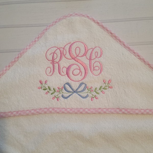 Monogrammed Hooded Towel Pink Gingham Trim with Monogram and Floral Swag New Baby Shower Gift FREE SHIPPING