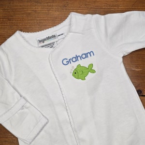 Fish on Picot Trimmed Monogrammed Baby Girl or Boy Sack Gown or Footie, Goose and Sun Baby Shower Gift, Coming Home Outfit
