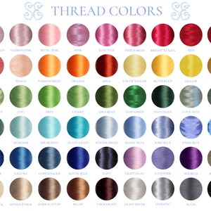 May include: A chart of 48 different thread colors, each color is represented by a circle of thread. The colors are arranged in rows and columns, with the names of each color listed below the circle. The colors include cotton candy, salmon pink, petal pink, pink, rose pink, pink jubilee, bright azalea, red, carmine, salmon, peach, passion fruit, orange, spice, straw yellow, buttercup, yellow, wheat, fresh green, kiwi, erin, celery, lima bean, leaf green, pine green, cool mint, seacrest, seacrest, seafoam, spearmint, island green, winter frost, bayou blue, baby blue, paris blue, tropical, asian blue, laguna, copenhagen, royal blue, navy, light lilac, lavender, iris blue, warm gray, candlewick, honey fudge, dark rattan, pecan, chocolate, light silver, sterling, slate, and black.