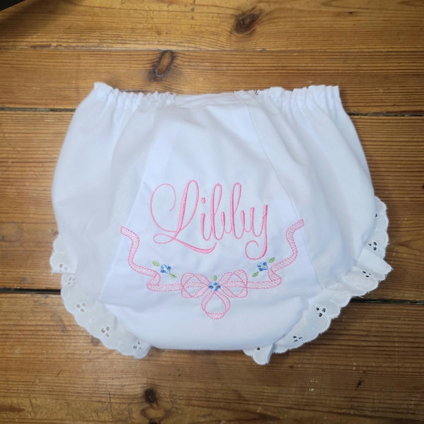 Shadow Ribbon Monogrammed Bloomers, Baby Girl Bloomers, Ribbon Floral Girl Bloomers, Monogrammed Diaper Cover, Embroidered Bloomers