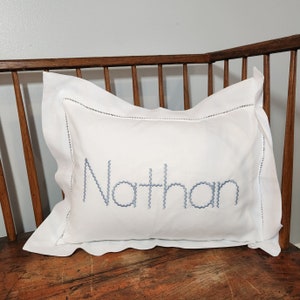 Monogrammed Hemstitched Baby Pillow, Personalized Nursery Pillow, Custom Boudoir Pillow, Crib Pillow, Nursery Decor