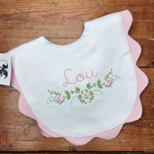 White Cotton Pique Bib with Ric Rac Trim, Name or Monogram with Heirloom Floral Swash Beautiful Bespoke Baby Gift! FREE SHIPPING!