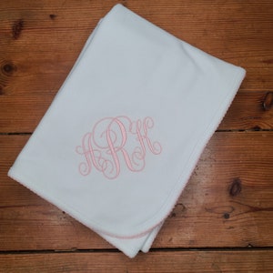 Monogrammed Picot Edge Cotton Knit Baby Blanket Blue Pink or White edging for girls and boys Perfect Baby Shower Gift