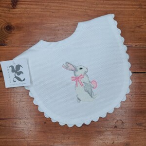 White Cotton Pique Bib with Ric Rac Trim and Easter Bunny holding Egg Beautiful Bespoke Baby Gift! FREE SHIPPING!