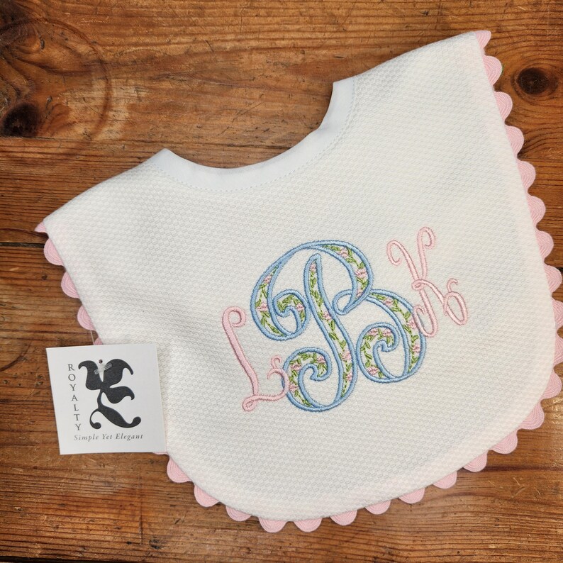 Monogrammed White Cotton Pique Bib With Ric Rac Trim and Monogram ...