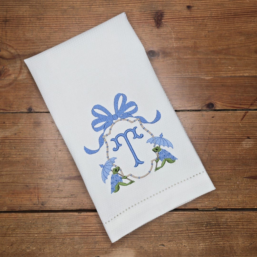 Grandmillenial Chinoiserie Frog Monogrammed Linen Hand Guest Towel ...
