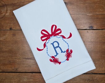 Grandmillenial Lobster Monogrammed Linen Guest Towel, Huck Towel, Hemstitch Huck Towel, Waffle Terry Towel, Ribbon Bamboo Frame and Lobsters