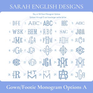 May include: A chart with 30 different monogram designs for gowns and footies. The designs are numbered 1 through 30 and are arranged in rows. The designs are all in a light blue color and are on a light blue background. The text "SARAH ENGLISH DESIGNS" is at the top of the chart. The text "Gown/Footie Monogram Options A" is at the bottom of the chart.