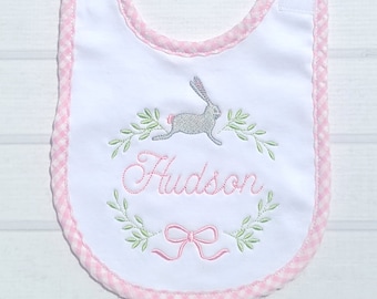 Easter Bib, Bunny Bib, Bunny Wreath Easter Bib. First Easter Bib, Baby Girl Bib, Pink Gingham Trimmed Bib, Rabbit Bib