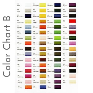 May include: Color chart with 126 different colors of embroidery floss. Each color is labeled with a number and a name. The colors are arranged in rows and columns. The chart is printed on a white background.